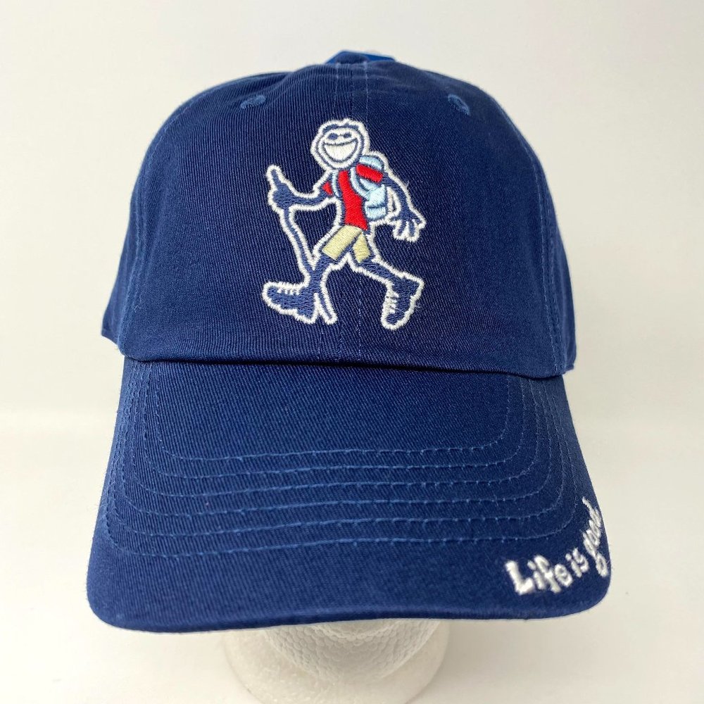 Life Is Good Hiking Guy Strapback‎ Hat Cap Beach Golf Relax Dad Man Camp Blue